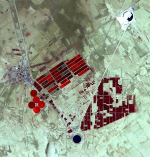 False-color image of the Grand Omar Mukhtar reservoir project. Water (dark blue) residing in reservoirs appears twice in this image, in the upper right and at the bottom. Vegetation appears red. Cityscape structures such as pavement and buildings appear in gray. Bare ground appears tan or beige.